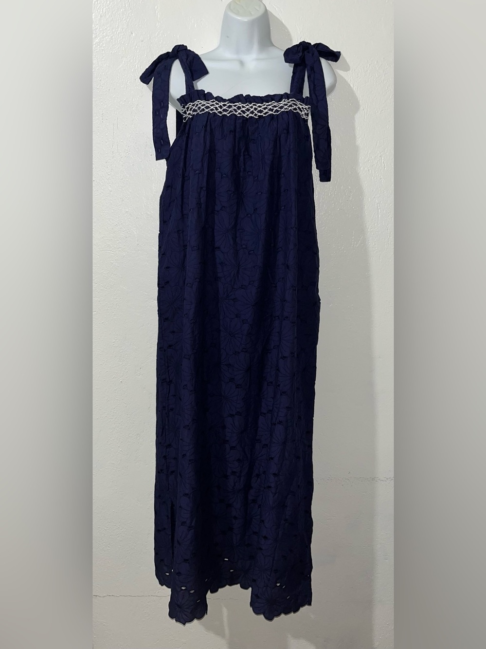 NWT Innika Choo Eaton Burgers Smocked Eyelet Tube Maxi Dress Navy Blue, Sz Large